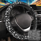 Black and White Flowers Steering Wheel Cover for Women, Anti-Slip Car Steering Wheel Cover with 2 Pcs Cup Holders Neoprene Breathable Car Accessories Universal 15 Inch Auto Interior Decor