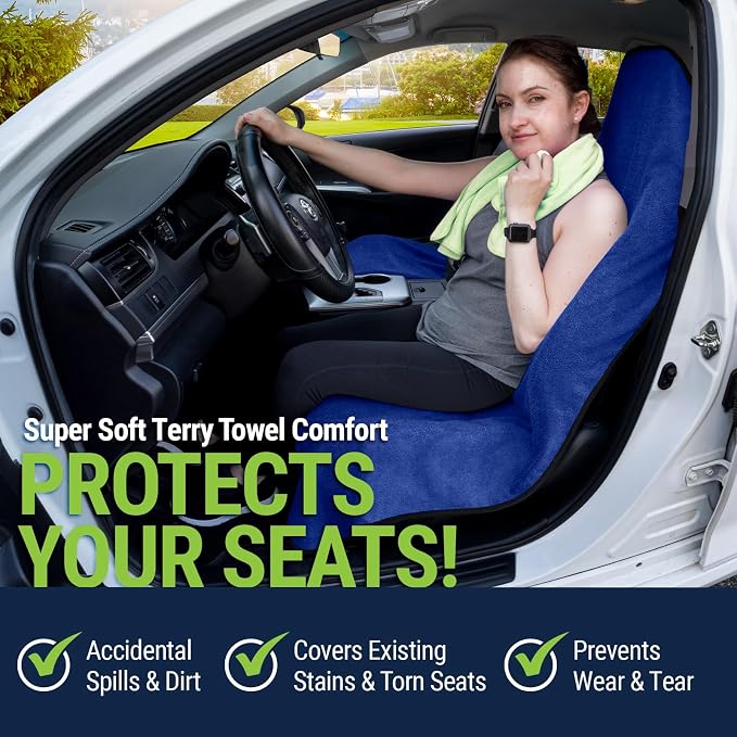 Towel Seat Cover, Waterproof Car Seat Protectors for Gym, Workout & Active Lifestyle, Universal Fit for Car SUV Truck Van, Non-Slip 3 Strap Design, Machine Washable, 2 Pack Blue