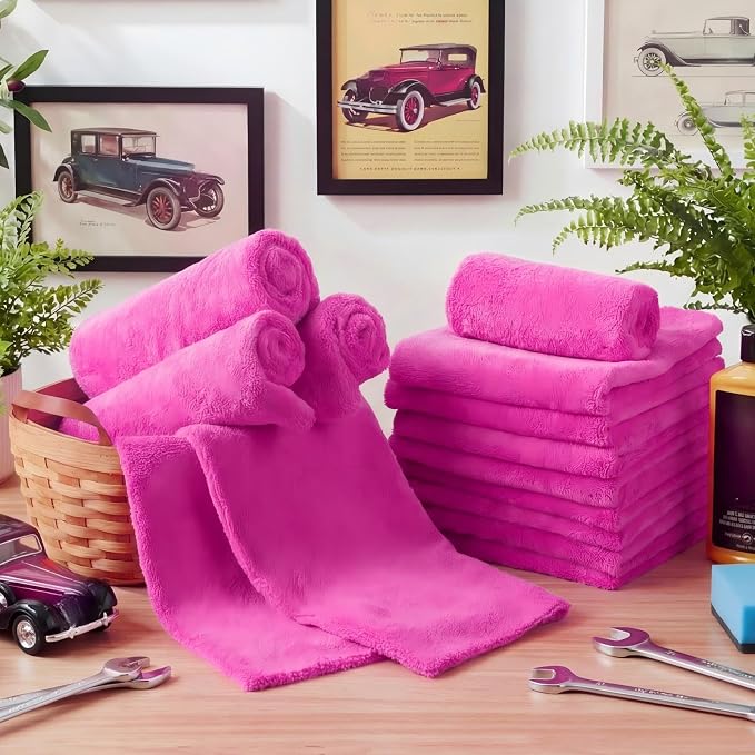30 Pcs 16 x 16 Inch Edgeless Microfiber Plush Towels for Cars Detailing Drying Wash Polishing Absorbent Cleaning Cloths, 500 GSM (Fuchsia)