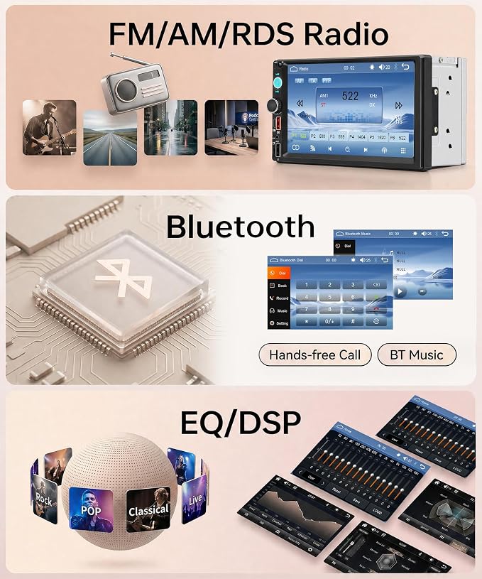 7 Inch Double Din Car Radio Stereo, Wireless CarPlay Android Auto, 2 Din Touchscreen Carplay Stereo, Bluetooth FM/AM/RDS EQ, USB Type-C SWC, Backup Camera