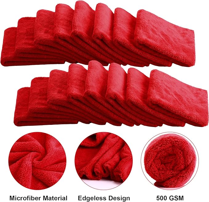 30 Pcs 16 x 16 Inch Edgeless Microfiber Plush Towels for Cars Detailing Drying Wash Polishing Absorbent Cleaning Cloths, 500 GSM (Red)