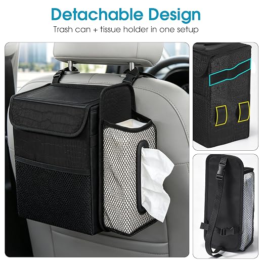 Car Trash Can with Tissue Holder, Leakproof Car Garbage Can with Detachable Car Napkin Holder, Hanging Car Trash Bin for Headrest, Console, Truck, SUV Car Accessories, Crocodile Pattern