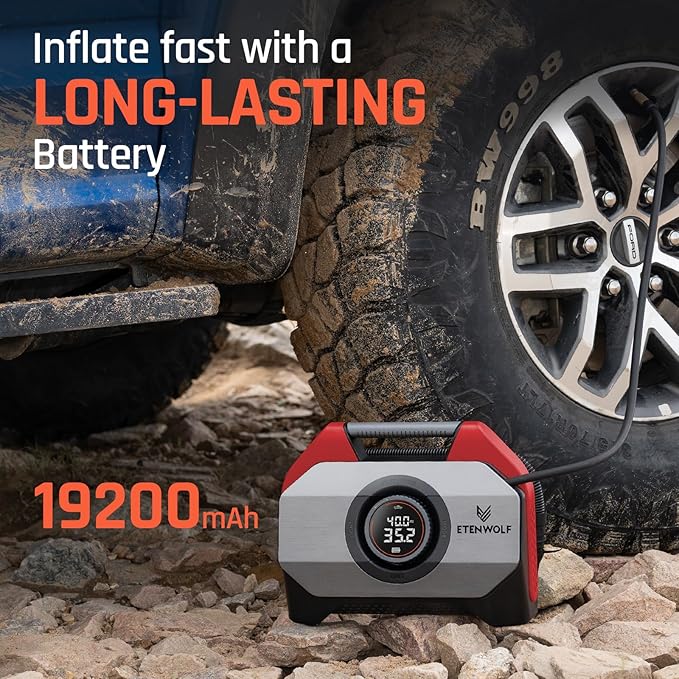 VORTEX S6 Tire Inflator Portable Air Compressor for Heavy-duty Vehicle, Cordless Air Pump for Car & Inflatables with 19200 mAh Battery, 100% Duty Cycle & Dual Cylinder Bike Pump, Red