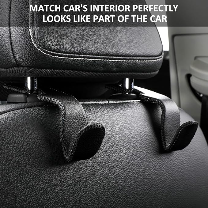 Headrest Hooks for Purses and Bags，Vehicle Back Seat Headrest Hanger Matching Cars Interior Genuine Leather Storage Holder Hook, 2 Pack, Black