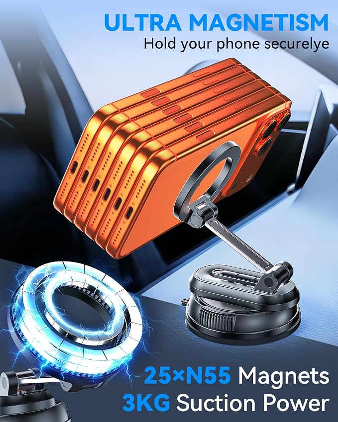 2-IN-1 Detachable MagSafe Car Mount [2800gf Strong Magnet & 89+LBS Suction Base] Vacuum Magnetic Phone Holders for Your Car, 360° Adjustable for iPhone 17 Pro Max 16 15 14 13 12, Car Accessories
