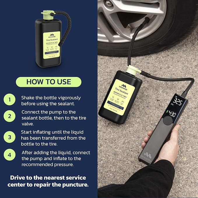 Portable Tire Inflator & Sealant Combo by – 150 PSI Fast Air Compressor + Emergency Flat Repair for Car, SUV, Bike. Cordless & 12V Power, Auto Shut-Off, LED Light (Ventus pro + Tire sealant)