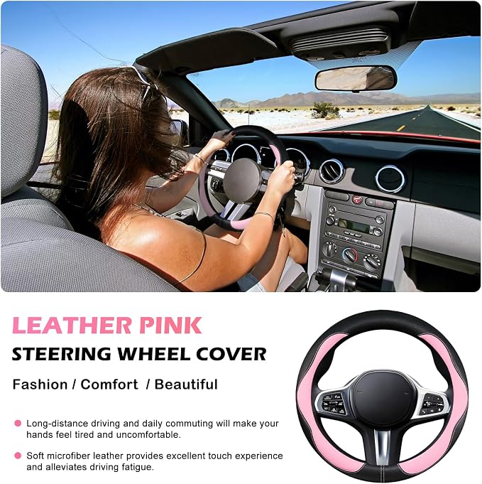 Pink Steering Wheel Cover, Non-Slip Breathable Comfort PU Imitation Leather Cute Car Accessories for Women Girl, Universal Protector in All Season 15 inch Fit Most Car