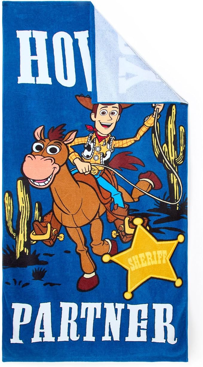 Store Official Woody Beach Towel with Woody & Bullseye Screen Art on Topside - Measures 29" x 58" - Soft & Absorbent for Pool or Beach - Bath Towels for Kids Who Love Toy Story Movies