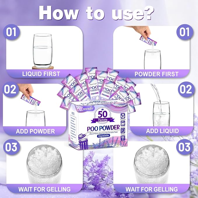 Poo Powder for Portable Toilet Gel Powder, Camping Toilet Gel 50PCS | Lavender Scent Pee Powder, Eco Toilet Gel for 650ml Urine/10g, Toilet Gel Powder for Outdoor Camping and Hiking