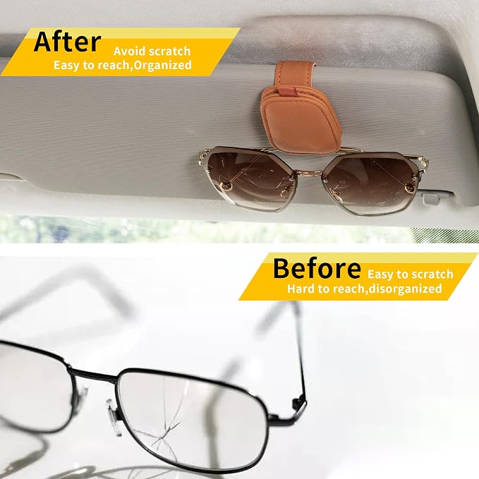Magnetic Leather Sunglasses Holder for Car, 2 Packs (Orange) | Magnetic Car Visor Accessories