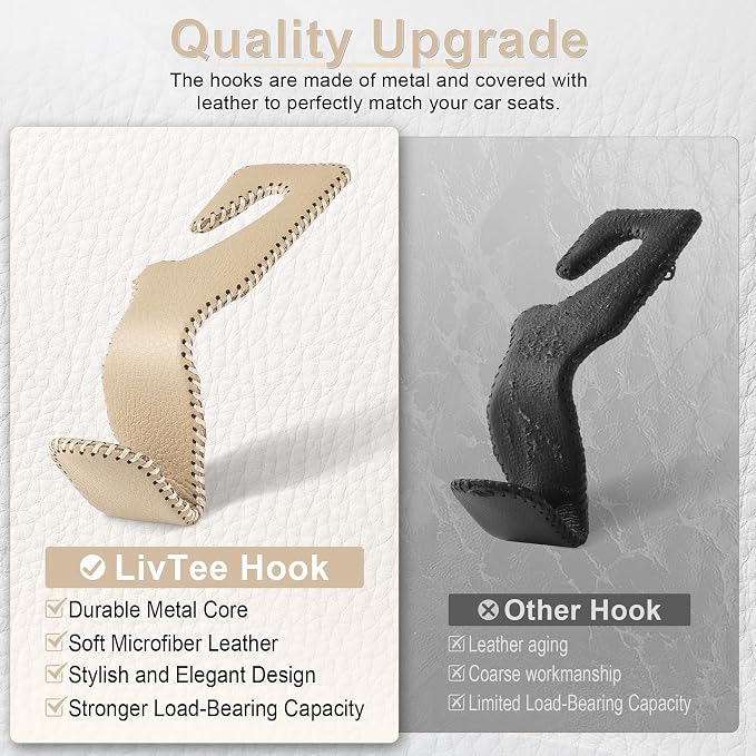 Beige Superior Leather Car Seat Back Headrest Hook, Auto Seat Hook Hangers Interior Accessories for Purse Coats Umbrellas Grocery Bags Handbag, 2-Pack