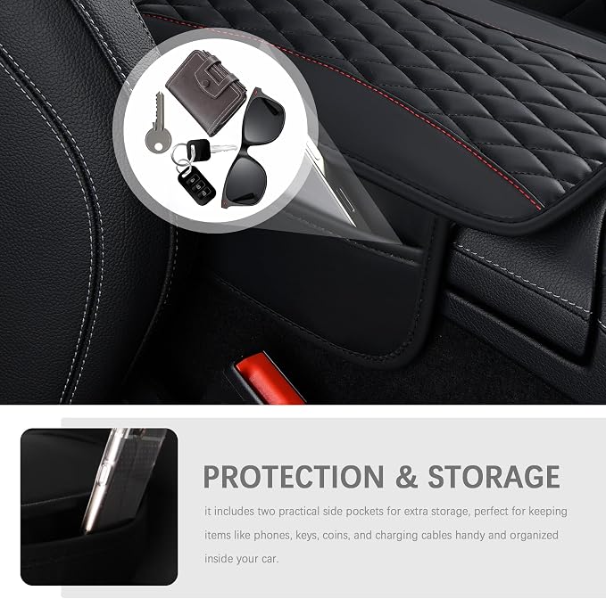 Patchwork Leather Center Console Covers for Cars,Upgraded Arm Rest Cover for Car with Side Storage Pocket for Car Seat Organizer,Middle Console Cover Stylish Car Decoration (Black)