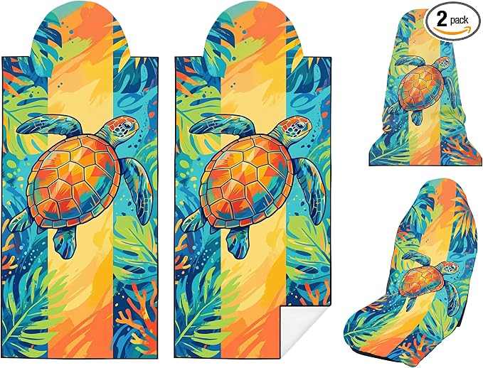 2 Pack Car Seat Towel Covers, Sweat-Proof Microfiber Seat Protectors for Gym, Running, Beach & Workout, Breathable Quick-Dry, Machine Washable, Multicolor Sea Turtle Print, Universal Fit