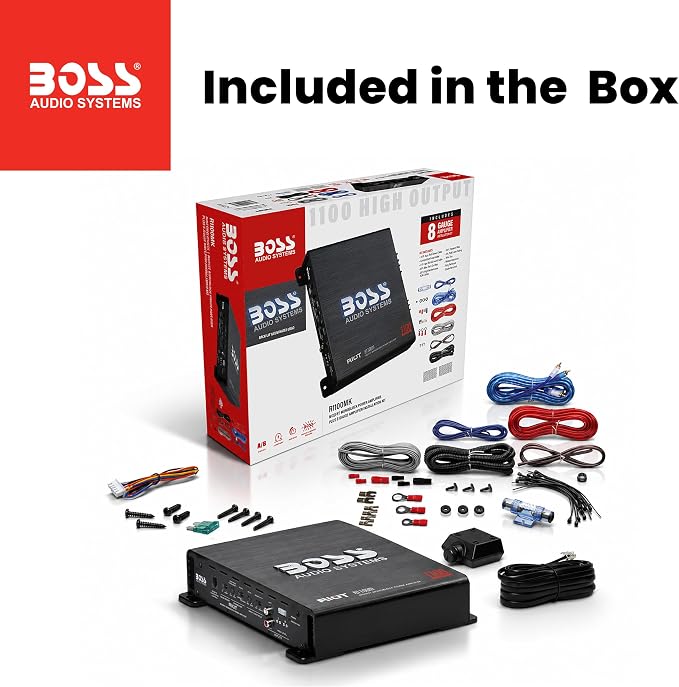 R1100MK Monoblock Car Amplifier and 8 Gauge Wiring Kit - 1100 High Output, High Low Level Inputs, Low Pass Crossover
