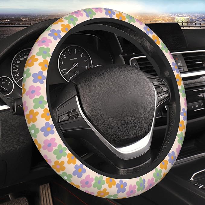 Flowers Floral Steering Wheel Cover Cute Universal 15 Inch Car Accessories Protector for Women Fit Auto SUV Sedan Vans Trucks