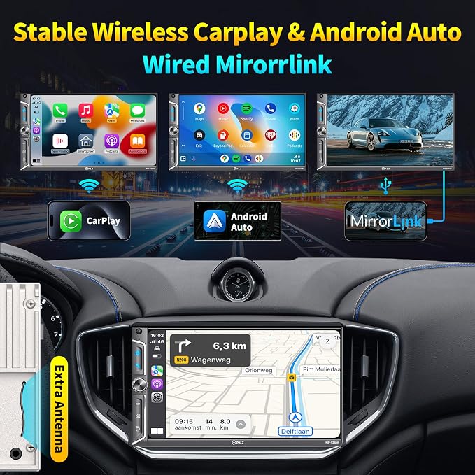 7" Wireless Double Din Car Stereo Apple Car Play Radio Carplay Android Auto QLED Touch Screen, Bluetooth 5.3 Audio Receivers, 1080P Backup Camera, 4.2 Channel Outputs 240W, 2 Subwoofer, FM/AM, SWC