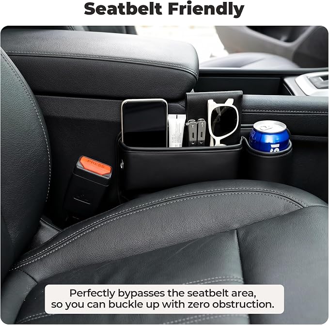 Universal Fit Car Seat Gap Filler Organizer | Extra Storage Organizer with Cup Holder | Easy Access | Premium Leather | Black | 2 Pack