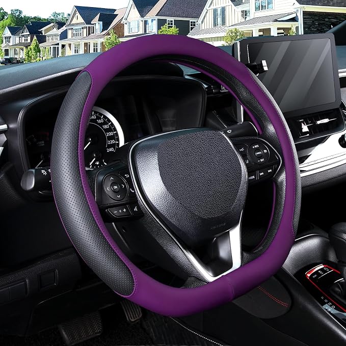 D Shaped Steering Wheel Cover for 14.5-15 inch Flat Bottom Wheels, Breathable Perforated Microfiber Leather, Anti-Slip Grip, Universal Fit for Cars & SUVs, Black and Dawn Purple
