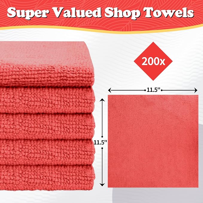 Shop Towels, Red Microfiber Cleaning Cloth Bulk, 200 Pack Microfiber Towels for Cars, All-Purpose Absorbent Cleaning Rags, Dust Cloth for Automotive, Mechanic, Garage, Bar, 11.5 x 11.5 inch