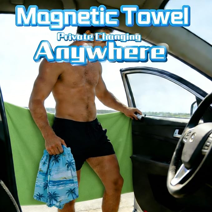 Magnetic Beach Towel | Extra Wide & Enhanced Magnet (75"x40"), Sand-Free Quick-Dry Microfiber for Car Door Changing, Beach, Pool | Includes Storage Bag, Travel & Camping (Green)