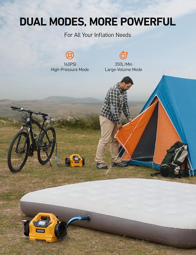 MC3 Tire Inflator Portable Air Compressor, 3 Power Sources:Cordless/110V AC/12V DC, 160PSI Fast Inflation Air Pump with Dual Motors, Auto Shut-off for Cars,SUVs, Air Mattress Inflator/Deflator
