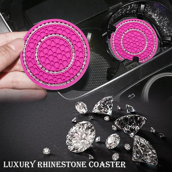 2PCS Bling Crystal Rhinestone Cup Holder Coaster, 2.75 inch Soft Silicone Anti-Slip Shockproof, Car Cup Holder Insert Coasters, Universal Car Interior Accessories for Women (Rose Red & White)