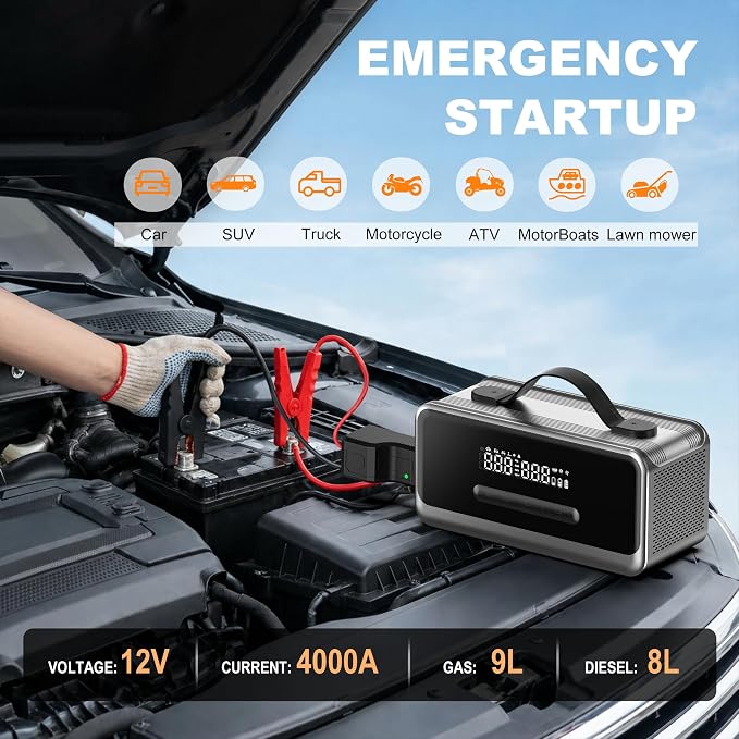 Tire Inflator Portable Air Compressor with Jump Starter, Air Pump for Car | Faster Inflation 35L/min,Auto Shut-Off,Cordless,Vacuum and Blower Functions,for Pickup Truck,Bike,Motorcycle and Balls