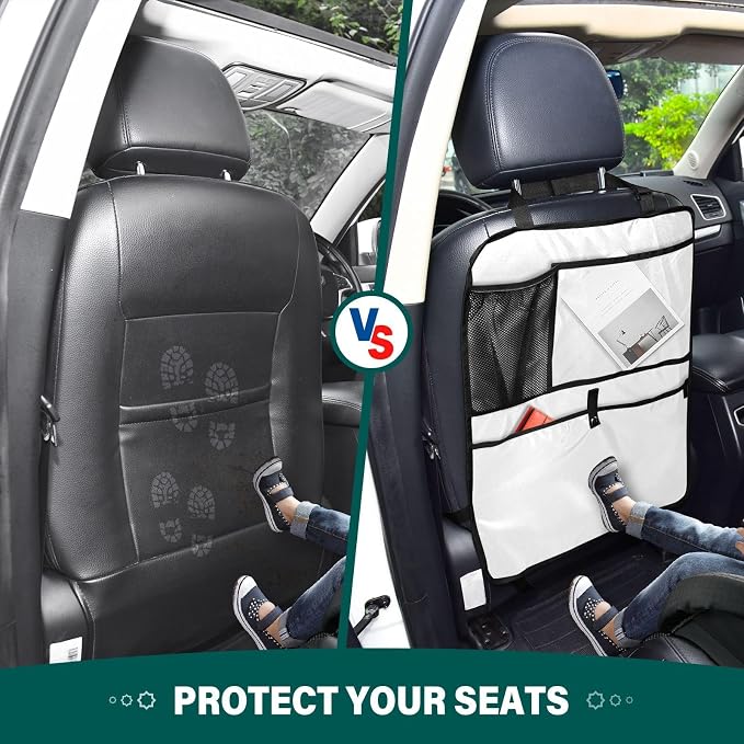 White Car Seat Organizer for Kids Backseat Kick Mat with Adjustable Strap Back Seat Protectors for Car Vehicle SUV 2 Pcs