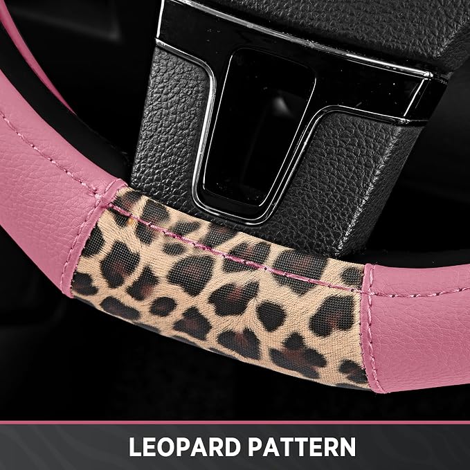 Steering Wheel Cover - Flat Bottom Wheel Cover Made with PVC Leather and Leopard Fabric - Universal Fit for 15-Inch D-Shaped Automotive Steering Wheels (Pink Color)