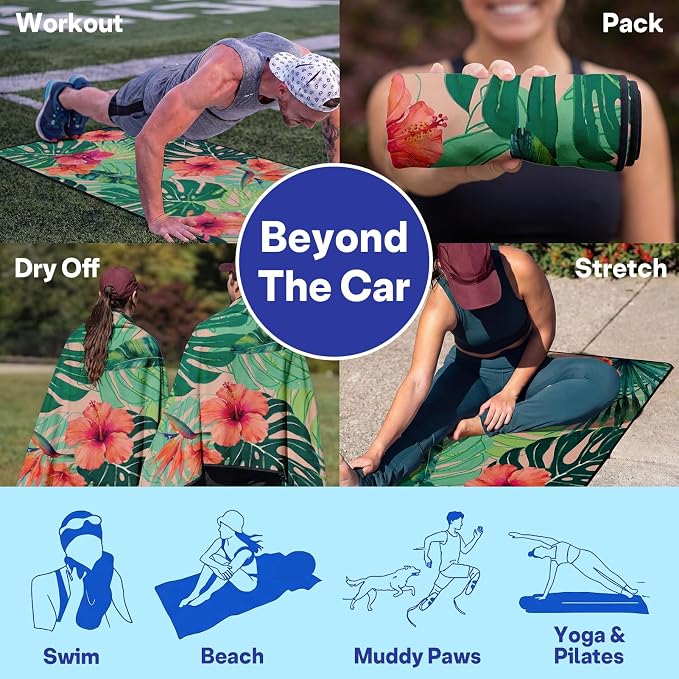 2 Pack Car Seat Towel Covers, Sweat-Proof Microfiber Seat Protectors for Gym, Running, Beach & Workout, Breathable Quick-Dry, Machine Washable, Green Tropical Floral Print, Universal Fit