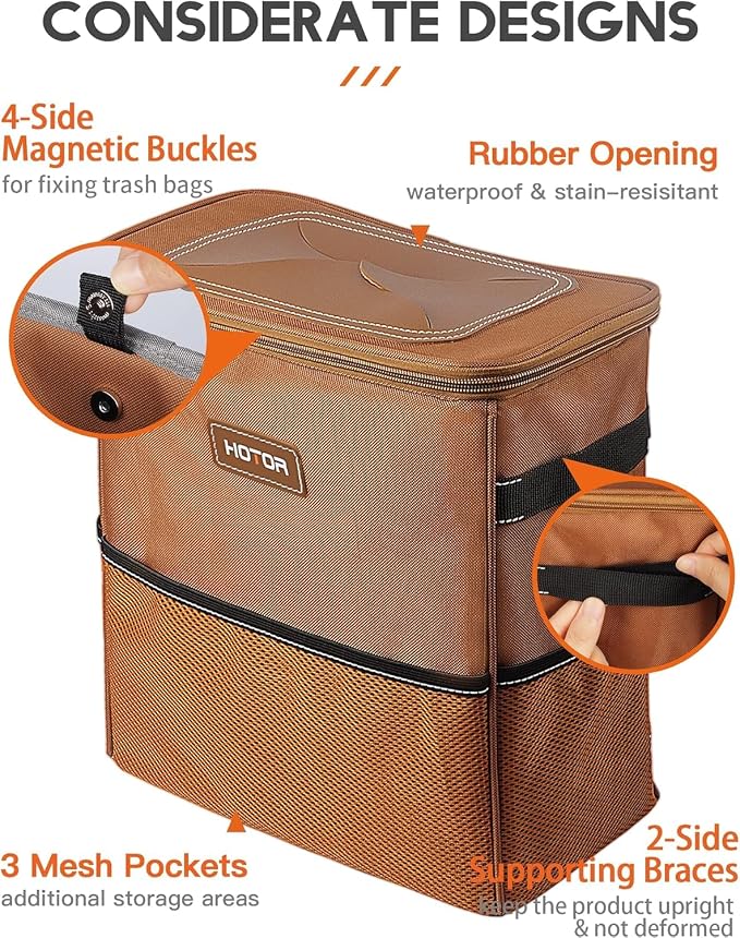 3 Gallons Car Trash Can, Ultra Large Capacity Organizer and Storage with Adjustable Straps & Magnetic Snaps, Waterproof Car Accessory for Interior Car Stuff Storage, Brown