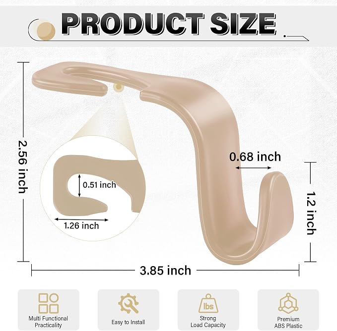 4 Pack Car Seat Headrest Hooks, Vehicle Back Seat Hanger Storage Organizer for Purse Handbag Backpack Coat Grocery, 360° Rotating Heavy Duty Holds 44lbs, Beige