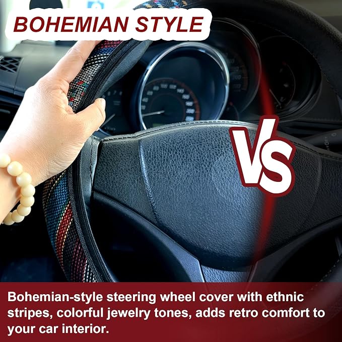 Boho Flax Cloth Steering Wheel Cover, Hippie Baja Blanket Anti-Slip Breathable Protector, Universal Fit 14.5-15 Inch for Cars SUV Van Truck, Women Car Interior Accessories (Style A)