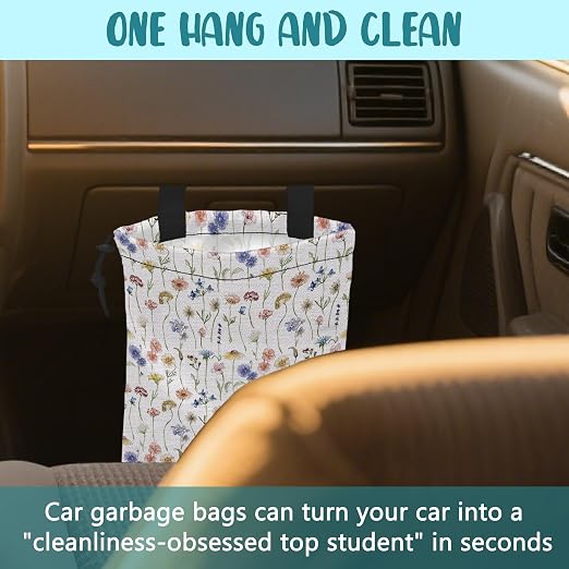 Car Garbage Bag Watercolor Wildflowers Drawstring Car Trash Bag Hanging for Back Seat with Adjustable Buckle Canvas Vehicle Trash Can Easy-to-Install