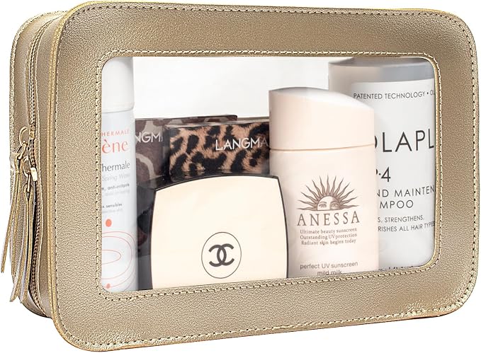 Sunscreen Bag Clear Makeup Toiletry Pouch Beach Vacation Essentials for Women Teen Girls Trip Gifts Summer Pool Travel Must Have Accessories Waterproof StuffClear-Golden