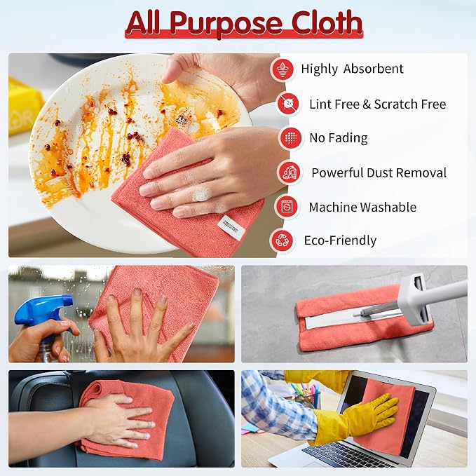 Red Microfiber Cleaning Cloth -Pack of 8, Highly Absorbent Cleaning Rags, 16"X12" All Purpose Cleaning Towels for Housekeeping, Kitchen, Car, Lint Free and Reusable Microfiber Towels