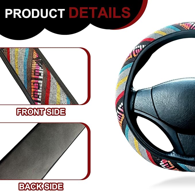 Boho Flax Cloth Steering Wheel Cover, Hippie Baja Blanket Anti-Slip Breathable Protector, Universal Fit 14.5-15 Inch for Cars SUV Van Truck, Women Car Interior Accessories (Style C)