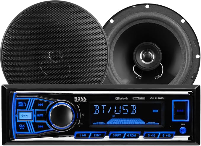 638BCK Car Stereo Package – Single Din, Bluetooth, No CD DVD Player, AM/FM Radio Receiver, USB, 6.5 Inch 2 Way Full Range Speakers