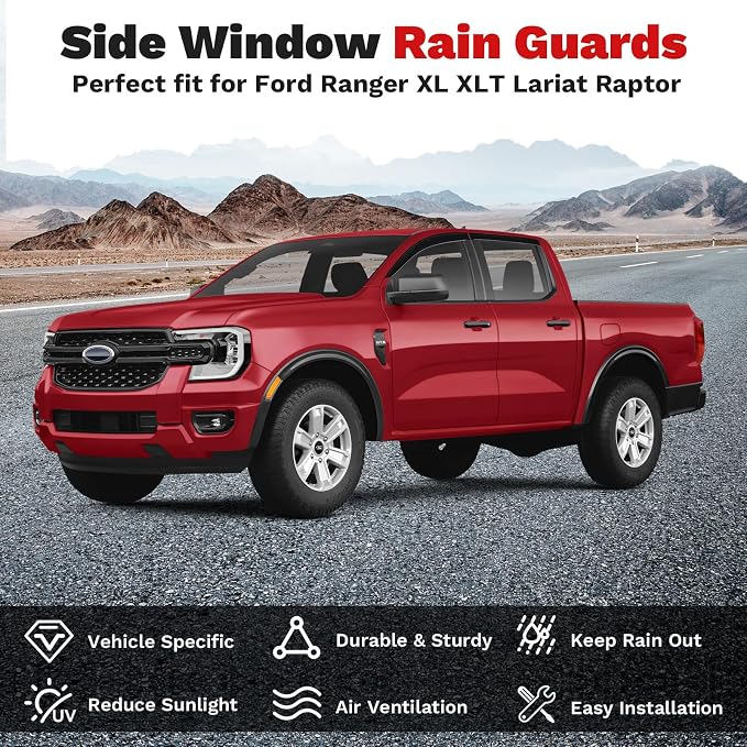 Ranger Rain Guards - Window Visors for Ford Ranger XL XLT Lariat Raptor 2024 2025 2026, Outside-Mount Tape-On Side Window Wind Deflectors for Ranger Accessories, Vent Visors Shades Rainproof