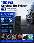 9000A Jump Starter with Air Compressor, 12V Battery Jump Box with Air Pump | Portable Car Battery Jump Starter and 150PSI Tire Inflator with 8000mAh Power Bank, LED Light, Dual LCD Screen and EVA case