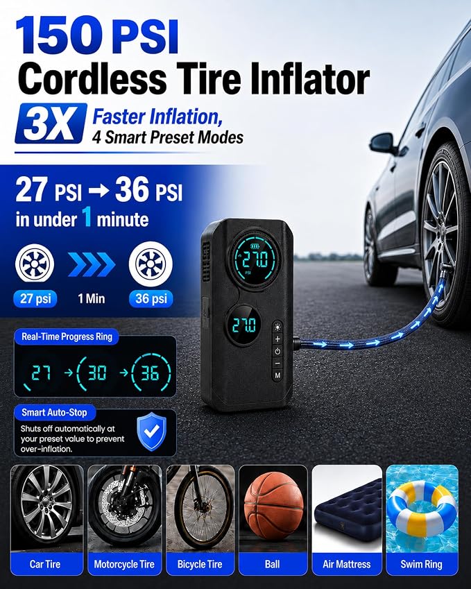 9000A Jump Starter with Air Compressor, 12V Battery Jump Box with Air Pump | Portable Car Battery Jump Starter and 150PSI Tire Inflator with 8000mAh Power Bank, LED Light, Dual LCD Screen and EVA case