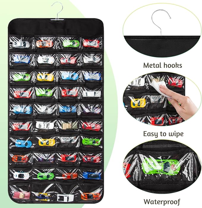 Hanging Organizers for Toy Car Double Sided 80 Pockets Display Case for Toy Cars (Without Toy Cars) (80 Slots Black)