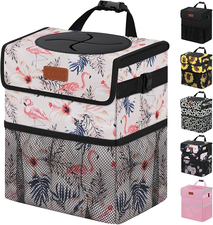Cute Car Trash Can, Car Accessories for Women Interior Can Trash Bag Hanging Automotive Garbage Cans Pink Flamingo