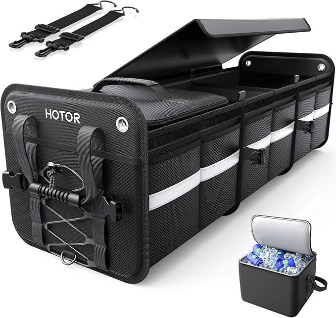 Trunk Organizer - 3-Compartment Car Organizer and Storage with Cooler Bag, Foldable Car Storage Organizer for SUV with Handles & Strap for Shopping, Picnic, 37.0" x 14.6" x 12.0", Black