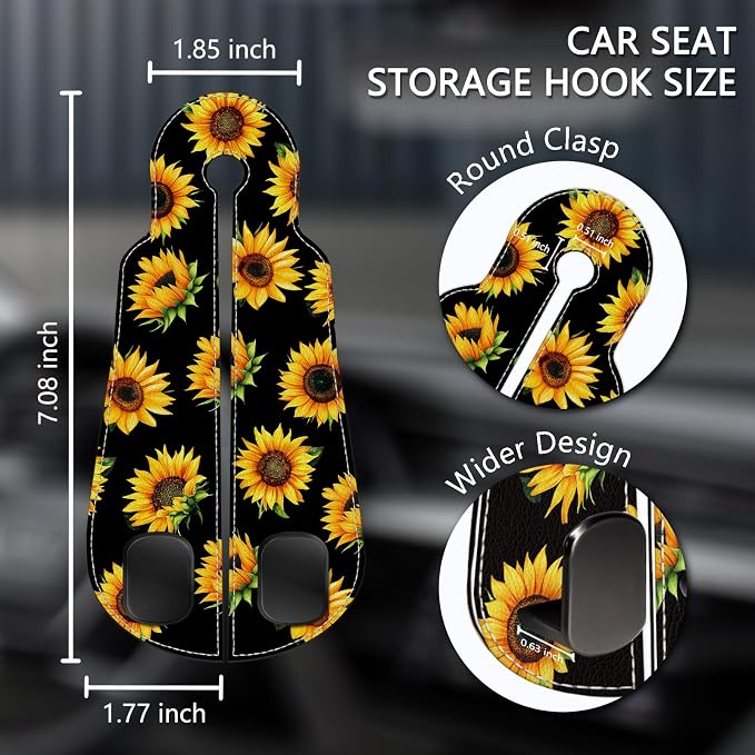 2PCS Car Seat Back Storage Headrest Hooks, Sunflower Purse Holder Bags Hanger, PU Leather Double Metal Hook for Backseat Organizer, Women Car Accessories Organization