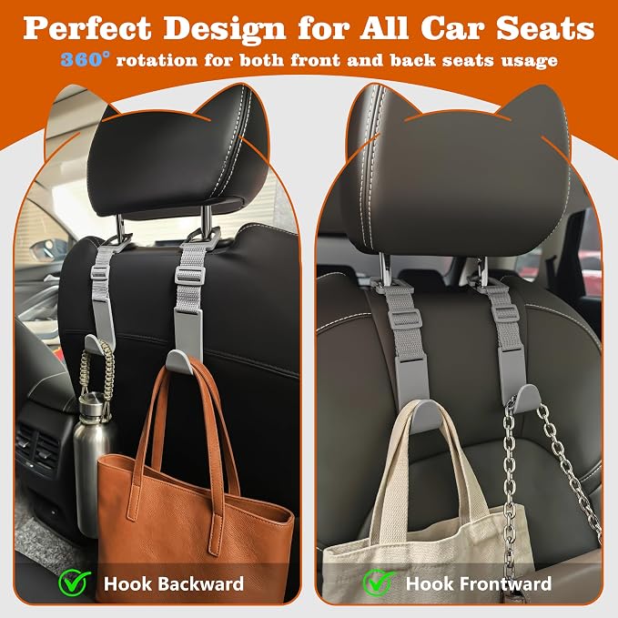 Car Headrest Hooks 4 Pack Adjustable Universal Fit Auto Seat Back Organizer Storage Hanger Purse Bags Holder with Clip Gray