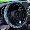 3 Pack Boho Steering Wheel Cover with Car Cup Holder Coasters Universal Baja Hippie Bohemian Style Steering Wheel Covers Cute Car Steering Wheel Cover for Women Girl 15 Inch (Blue)