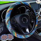 3 Pack Boho Steering Wheel Cover with Car Cup Holder Coasters Universal Baja Hippie Bohemian Style Steering Wheel Covers Cute Car Steering Wheel Cover for Women Girl 15 Inch (Blue)