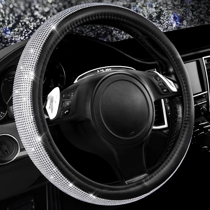 11 PCS Bling Diamond Car Mats Set for Women Girls, Sparkly Rhinestone Steering Wheel Cover, Waterproof Floor Mats Universal Fit for SUV,Vans,Sedans,Trucks Anti-Slip, Interior Sets Silver