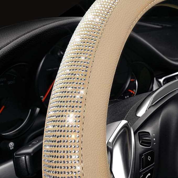 Bling Diamond Beige Leather Steering Wheel Cover, White Sparkly Crystal Glitter Rhinestones Universal Fit 14" 1/2-15" Car Wheel Protector for Women Girl Fit Suvs,Vans,Sedans,Trucks, Beige